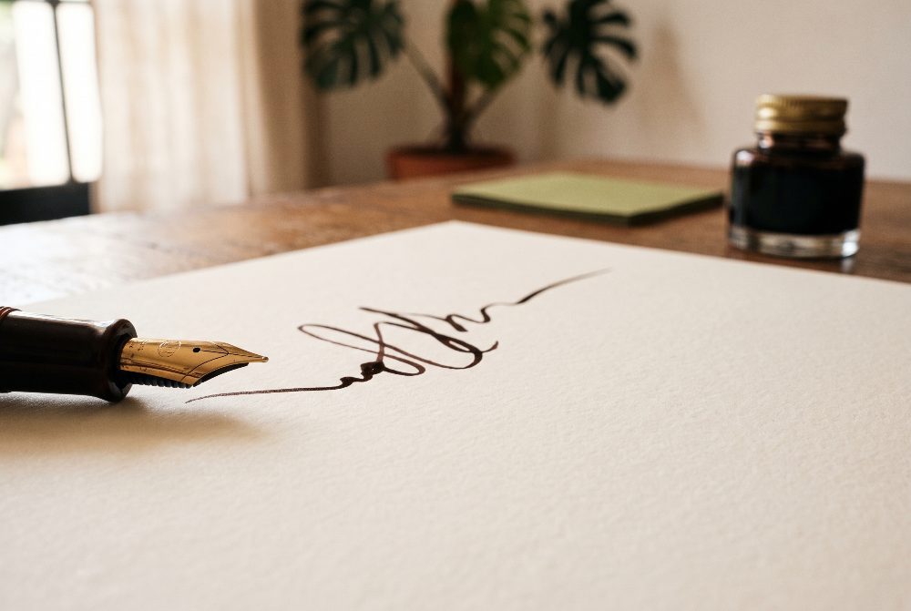 A fountain pen finishing a line of ink on heavy paper.