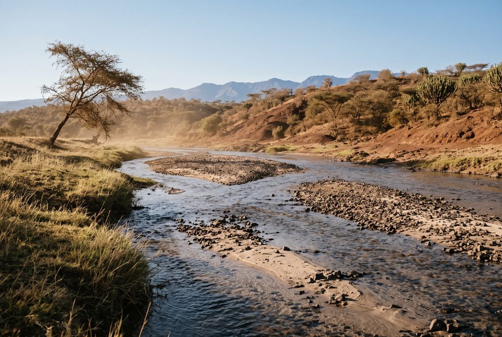 A river running through dry Kenyan hills in early light.