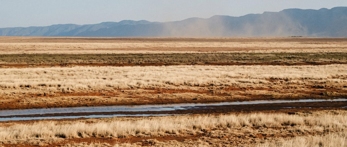 Dry plains with a thin channel of water cutting through them.