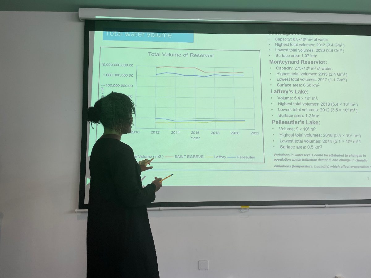 Njoki presenting reservoir water-volume research to a seminar room, pointing at a projected chart.